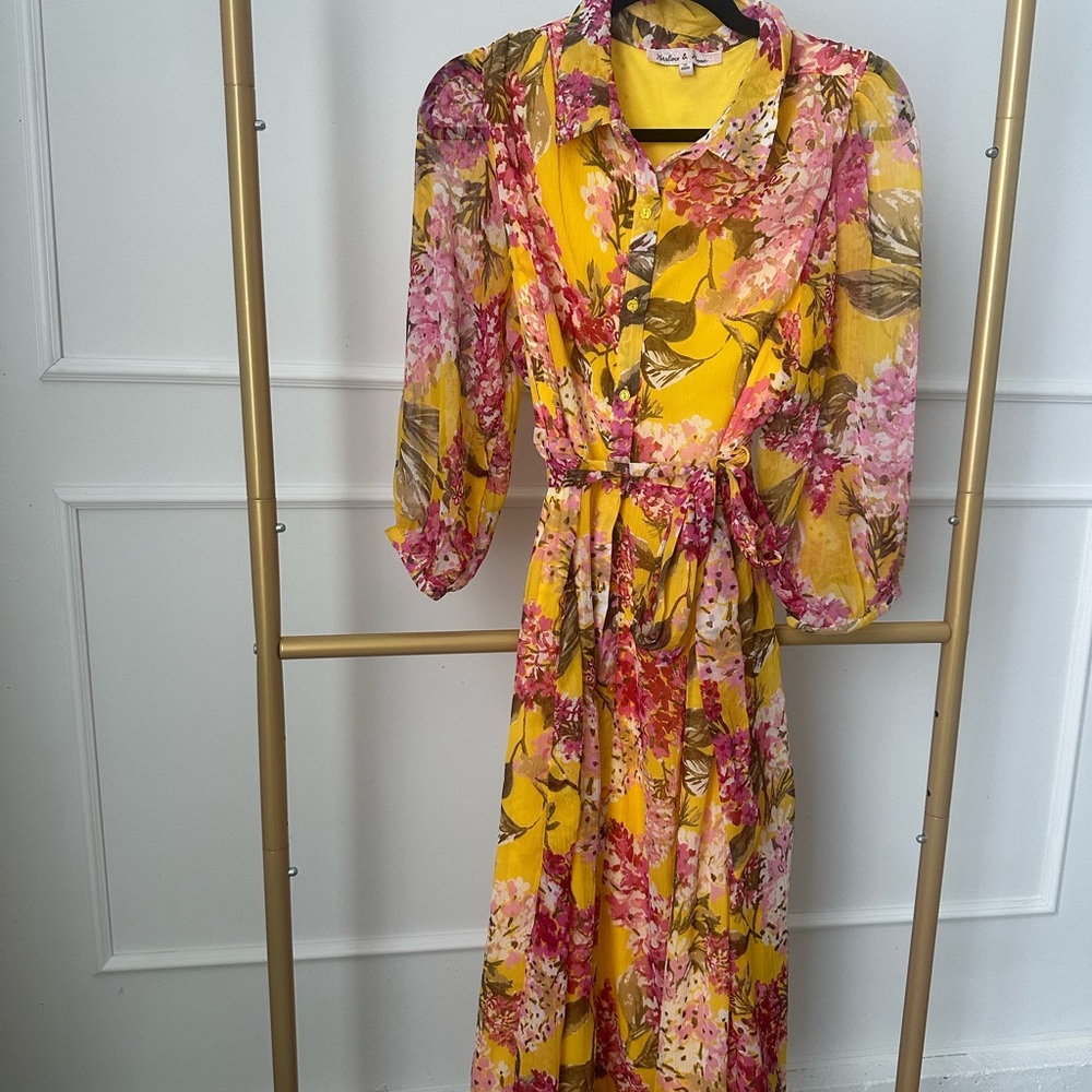 Harlow & Rose yellow and hot pink 3/4 sleeves flared midi dress with belt